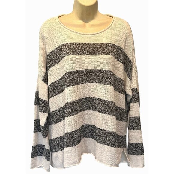 Eileen Fisher White Gray Stripes 100% Organic Linen Knit Sweater Pullover - Picture 4 of 9